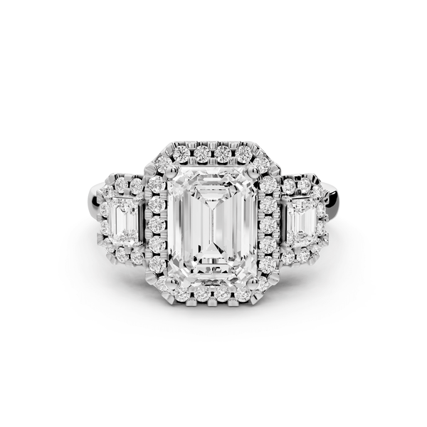Iris - 2ct 18k white gold Three stone emerald Halo engagement ring - Mr. Alex Jewelry