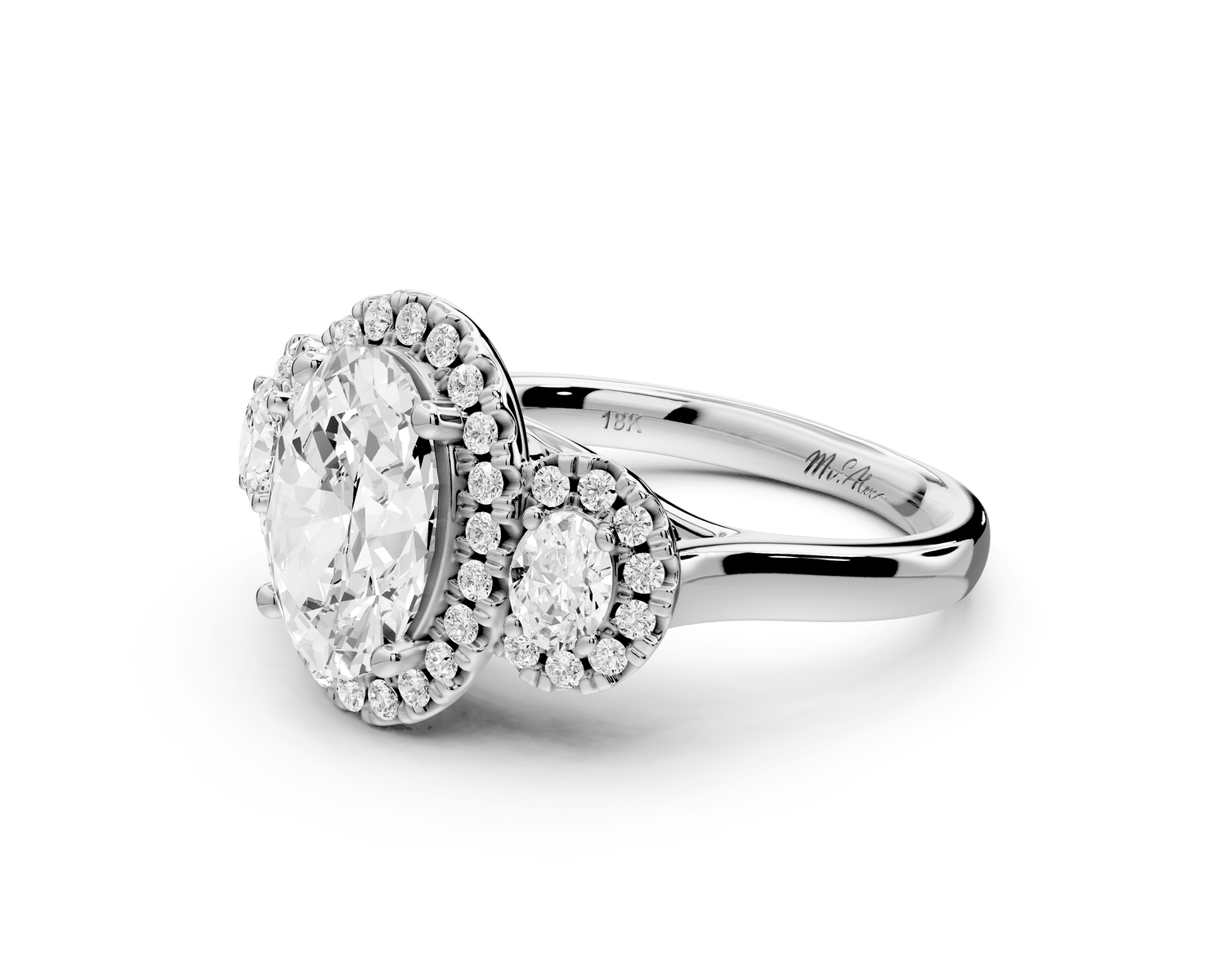 Iris - 2ct 18k white gold Three stone oval Halo engagement ring - Mr. Alex Jewelry
