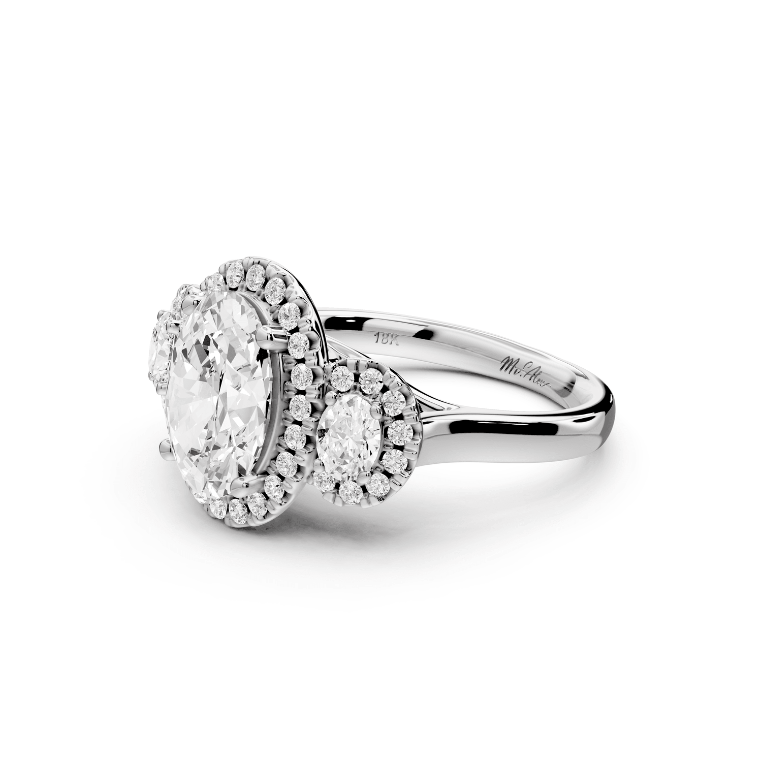 Iris - 2ct 18k white gold Three stone oval Halo engagement ring - Mr. Alex Jewelry