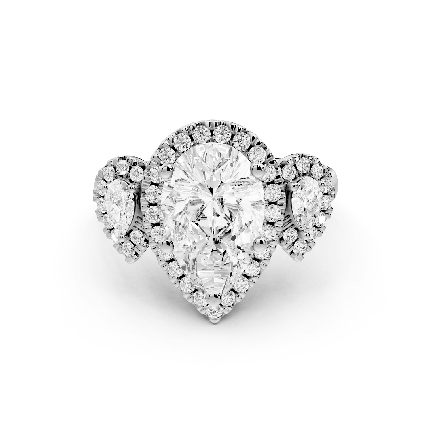 Iris - 2ct 18k white gold Three stone pear Halo engagement ring - Mr. Alex Jewelry