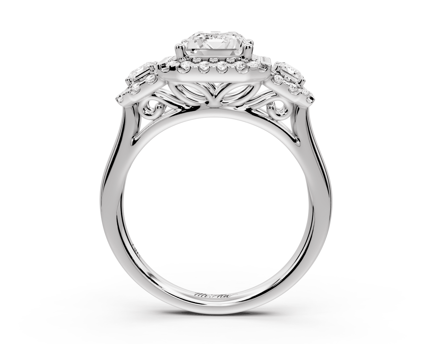 Iris - 2ct 18k white gold Three stone radiant Halo engagement ring - Mr. Alex Jewelry