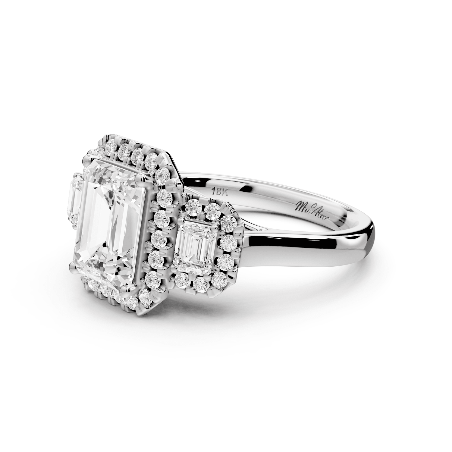 Iris - 2ct 18k white gold Three stone radiant Halo engagement ring - Mr. Alex Jewelry