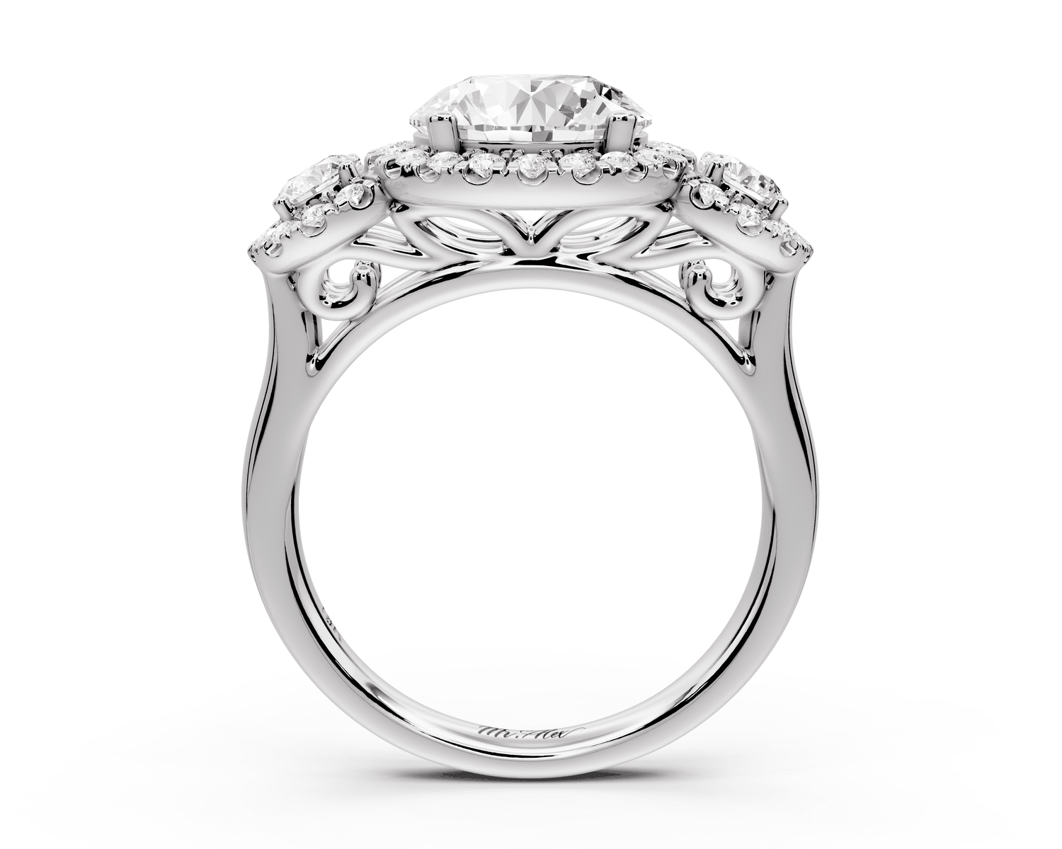 Iris - 2ct 18k white gold Three stone round Halo engagement ring - Mr. Alex Jewelry