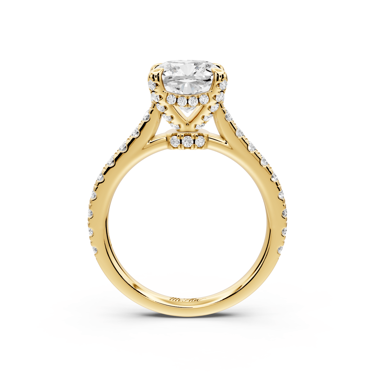 Iris - 2ct 18k yellow gold Three stone cushion Halo engagement ring - Mr. Alex Jewelry