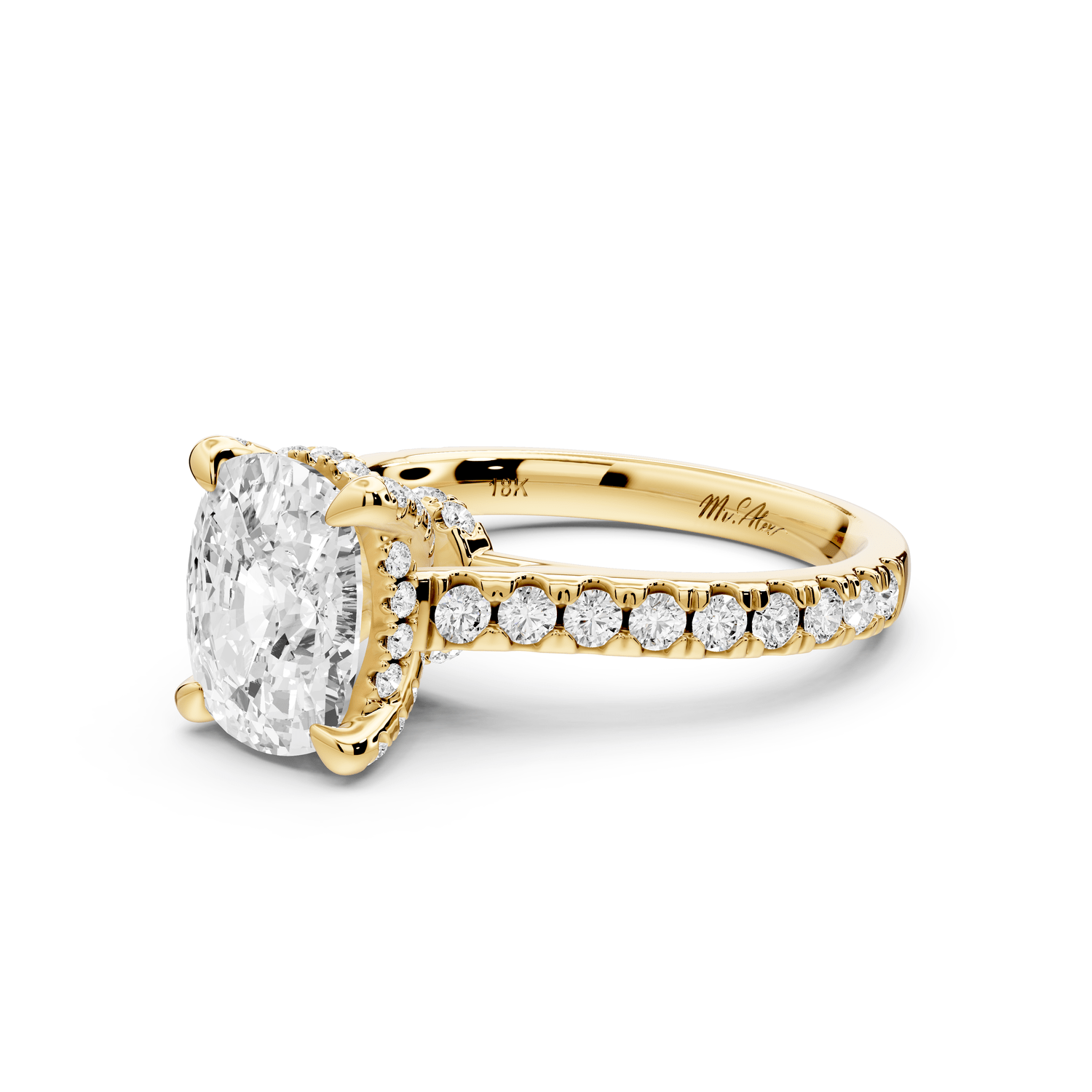 Iris - 2ct 18k yellow gold Three stone Elongated Cushion Halo engagement ring - Mr. Alex Jewelry