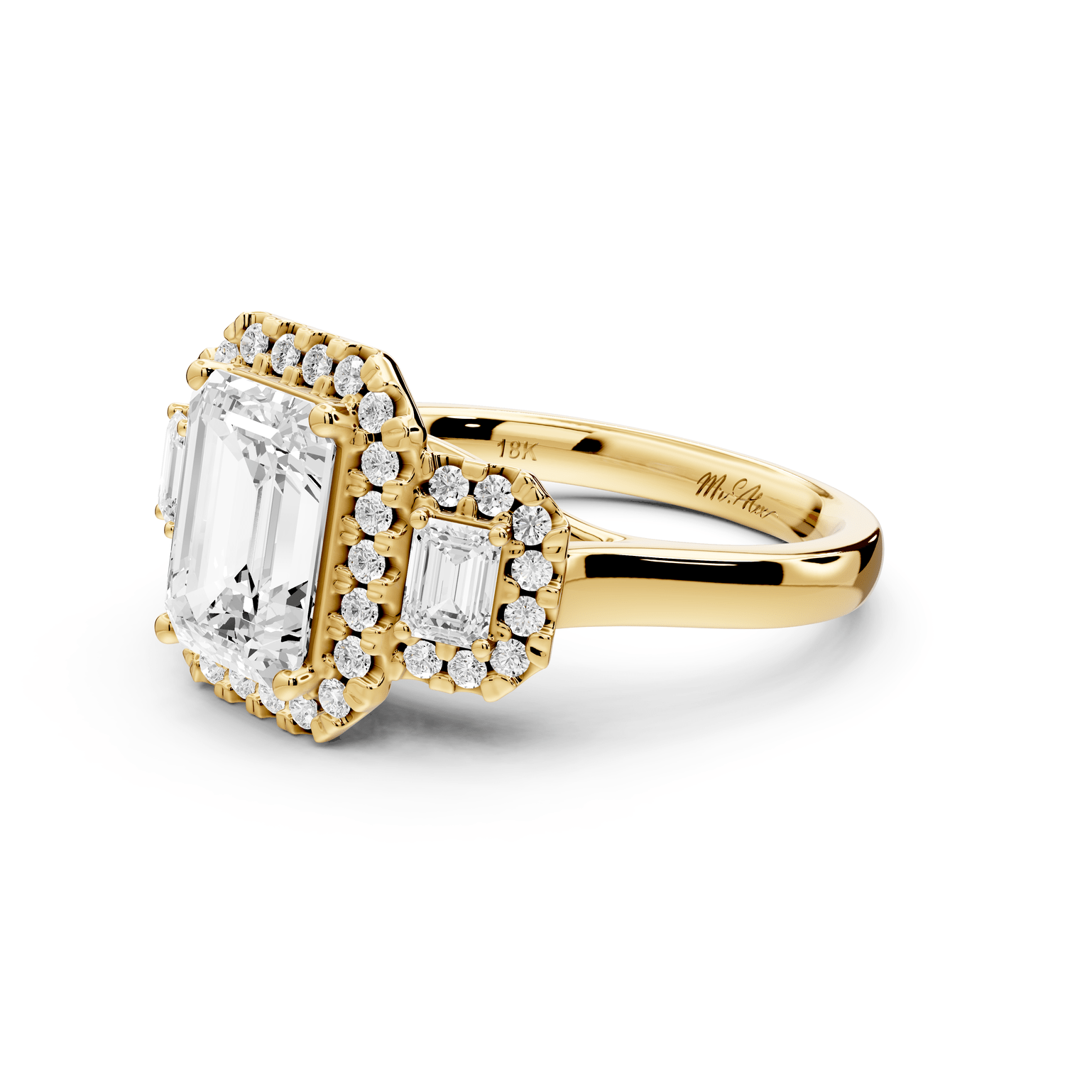 Iris - 2ct 18k yellow gold Three stone emerald Halo engagement ring - Mr. Alex Jewelry