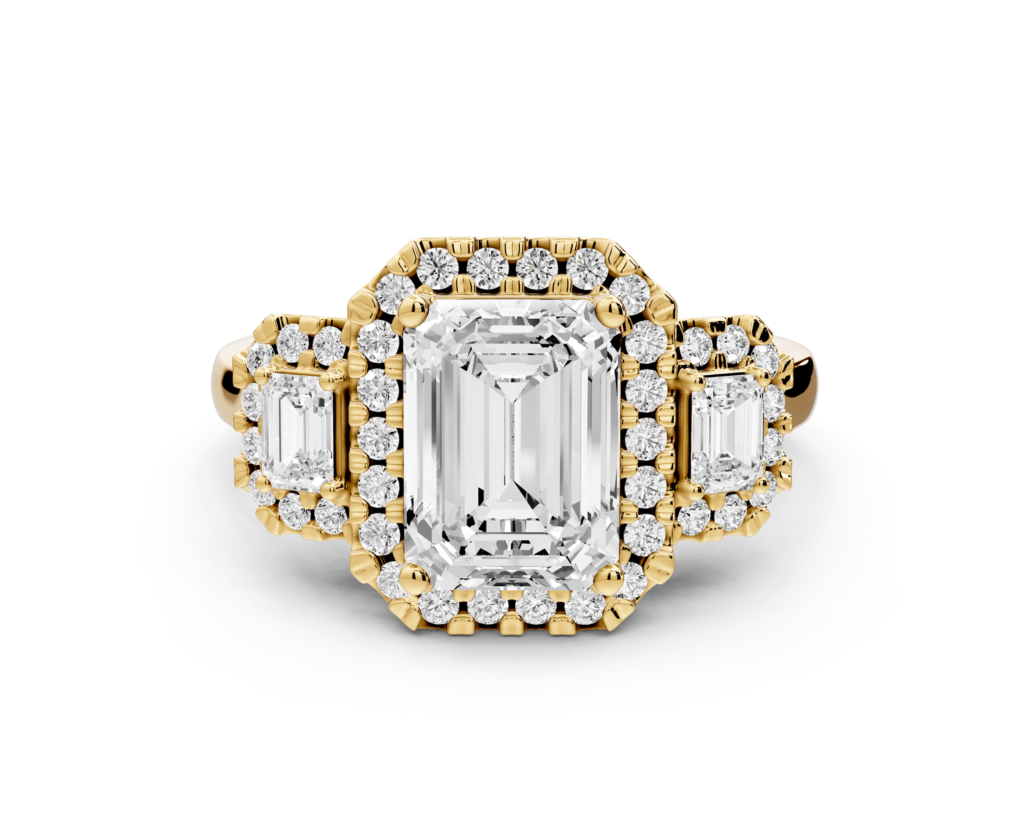 Iris - 2ct 18k yellow gold Three stone emerald Halo engagement ring - Mr. Alex Jewelry