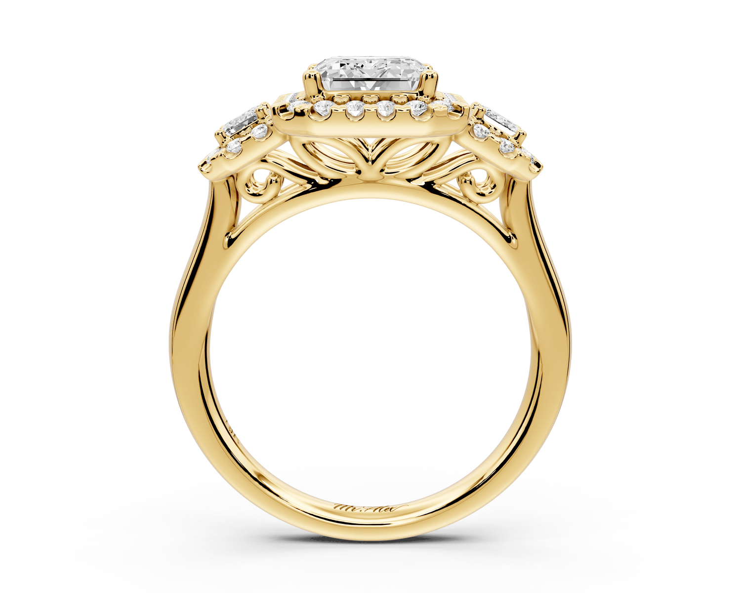 Iris - 2ct 18k yellow gold Three stone emerald Halo engagement ring - Mr. Alex Jewelry