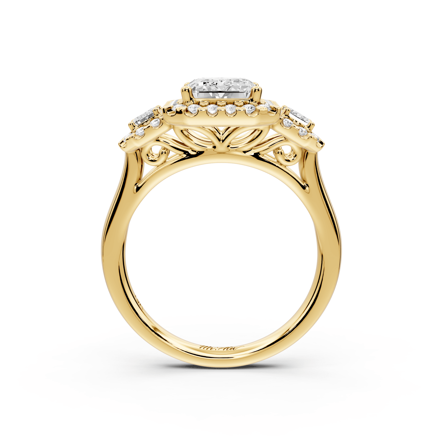 Iris - 2ct 18k yellow gold Three stone emerald Halo engagement ring - Mr. Alex Jewelry