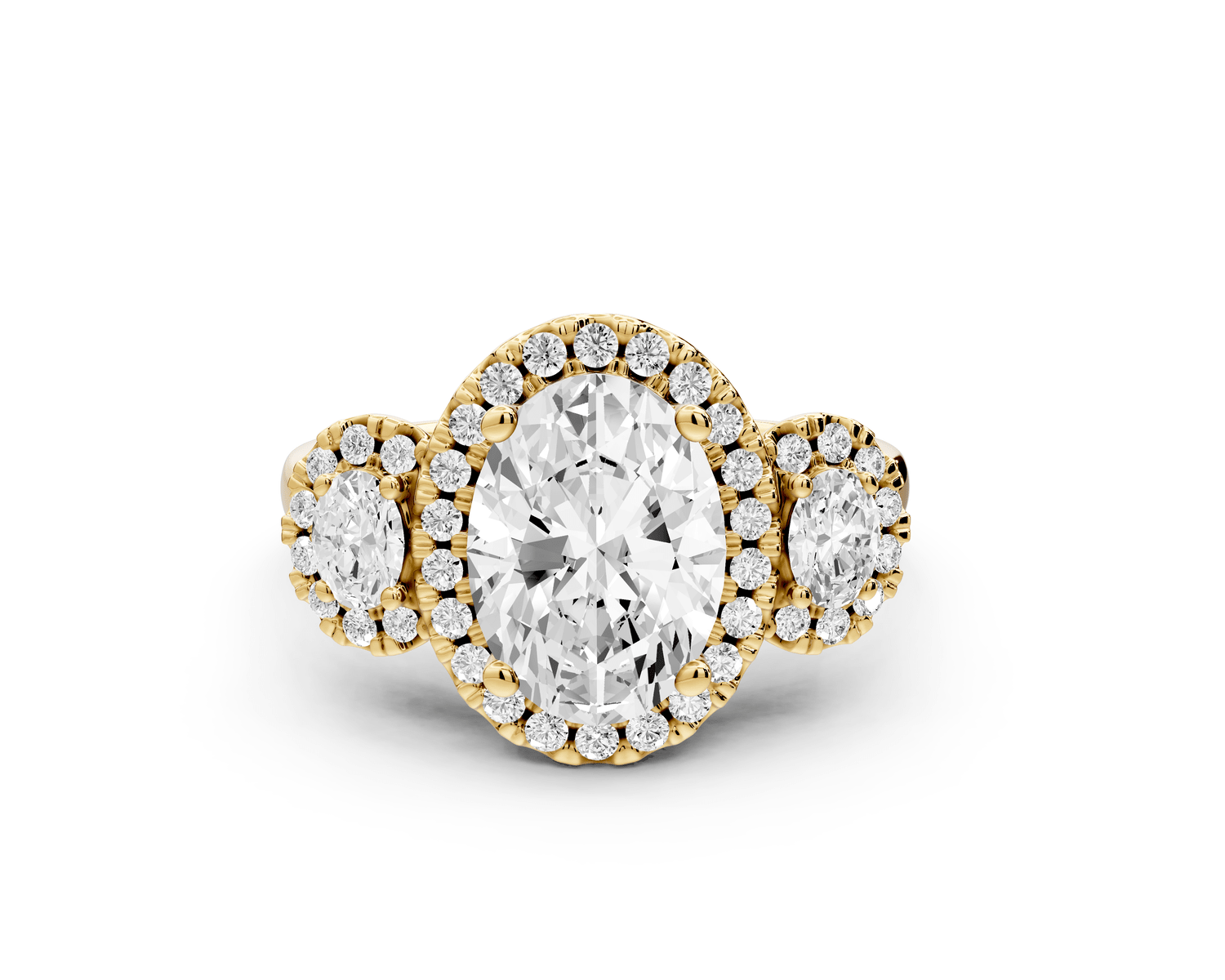 Iris - 2ct 18k yellow gold Three stone oval Halo engagement ring - Mr. Alex Jewelry
