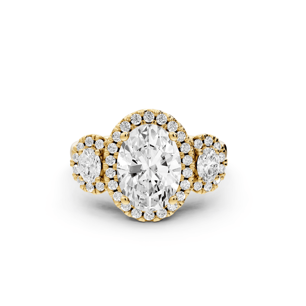 Iris - 2ct 18k yellow gold Three stone oval Halo engagement ring - Mr. Alex Jewelry