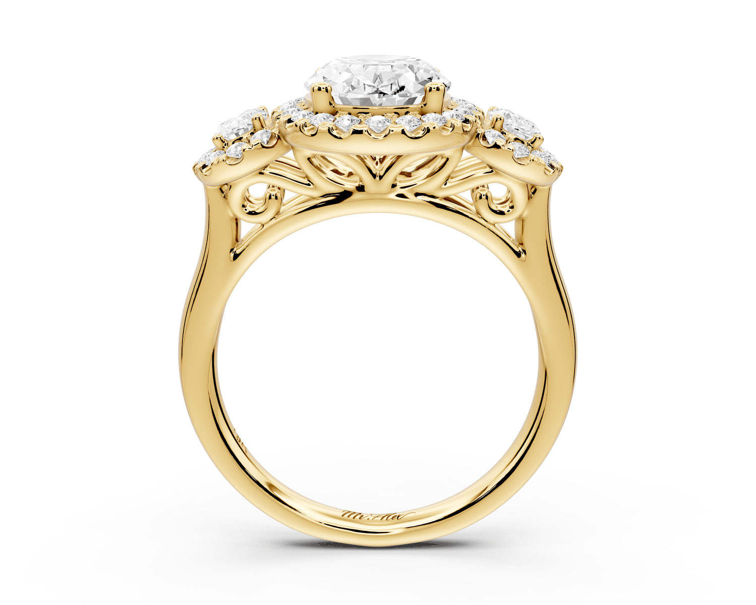 Iris - 2ct 18k yellow gold Three stone oval Halo engagement ring - Mr. Alex Jewelry