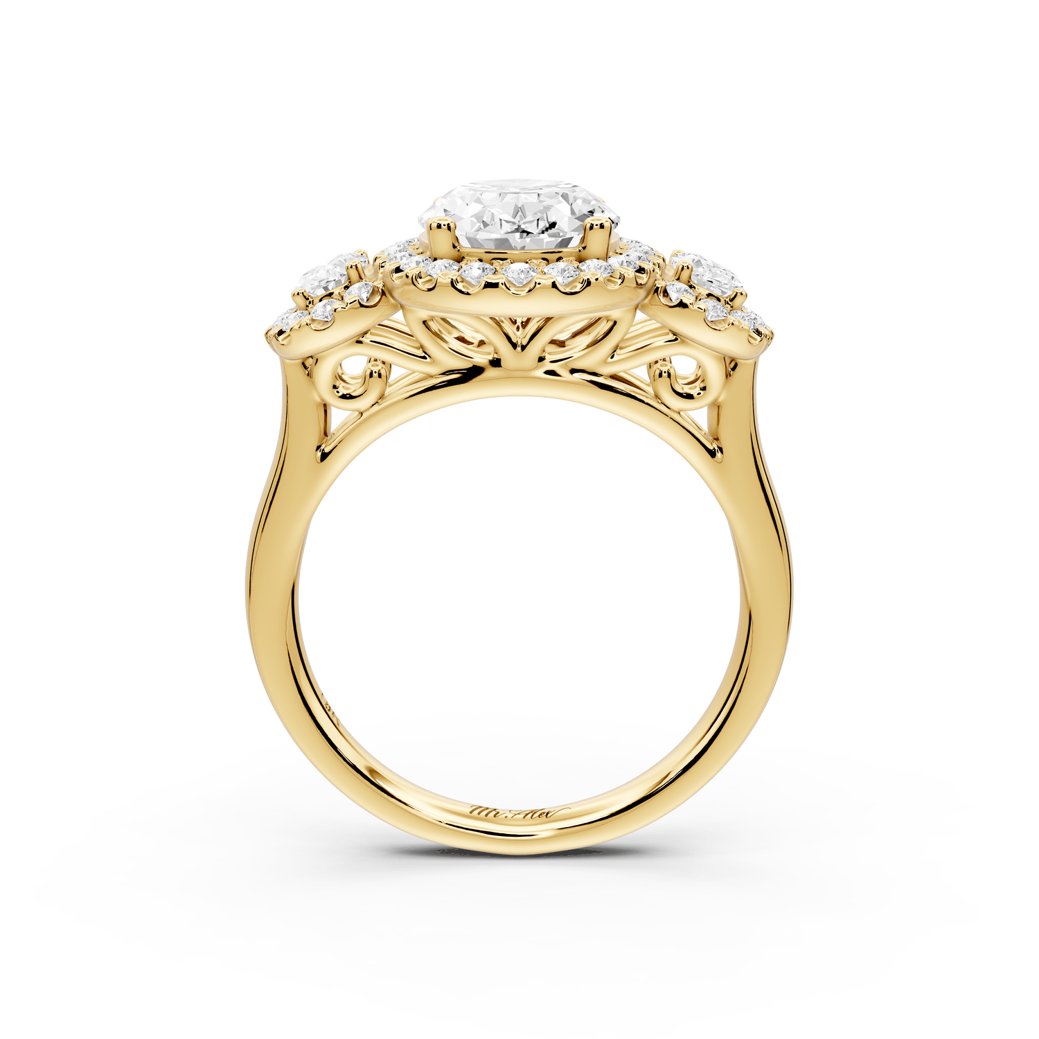 Iris - 2ct 18k yellow gold Three stone oval Halo engagement ring - Mr. Alex Jewelry