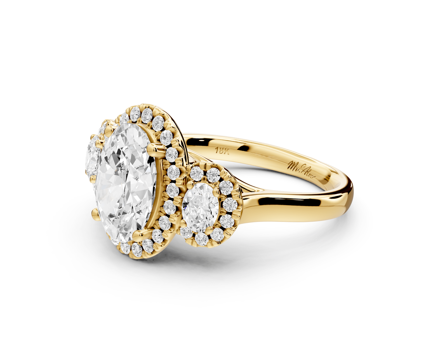 Iris - 2ct 18k yellow gold Three stone oval Halo engagement ring - Mr. Alex Jewelry