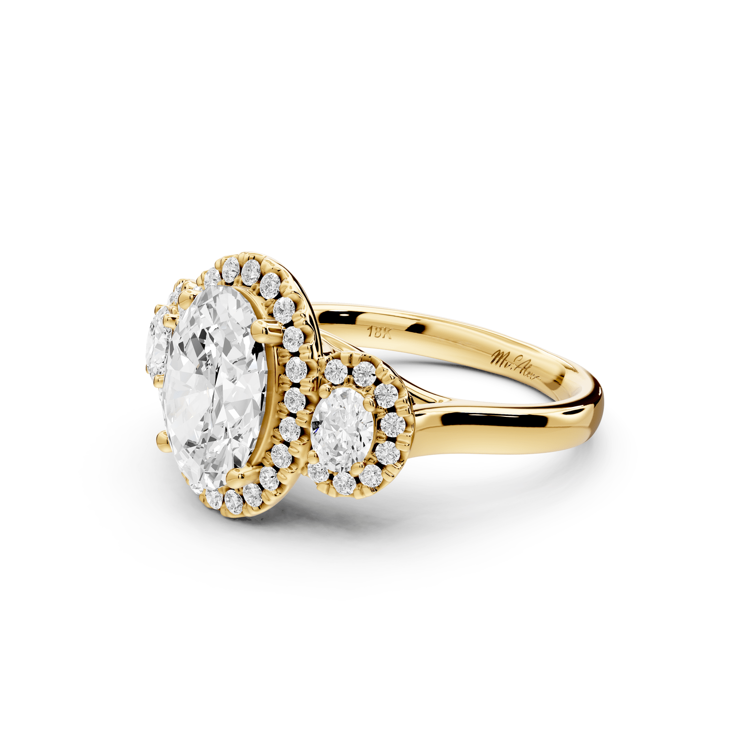Iris - 2ct 18k yellow gold Three stone oval Halo engagement ring - Mr. Alex Jewelry