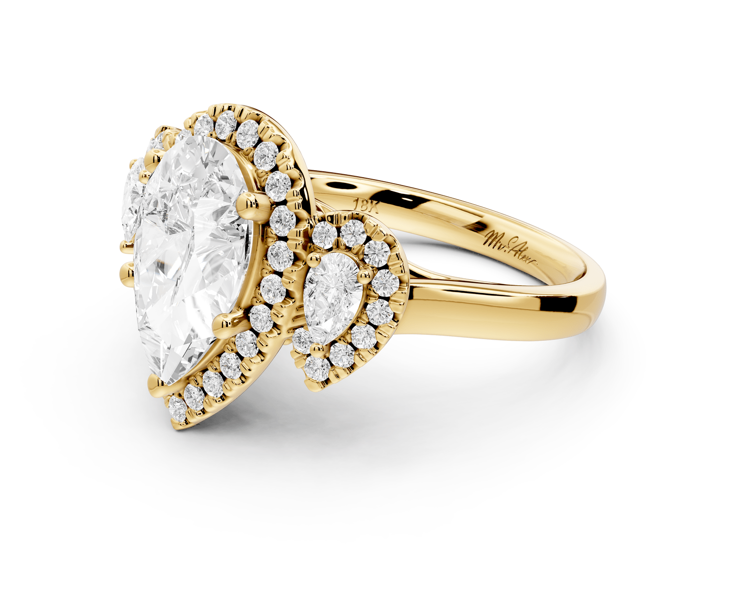 Iris - 2ct 18k yellow gold Three stone pear Halo engagement ring - Mr. Alex Jewelry