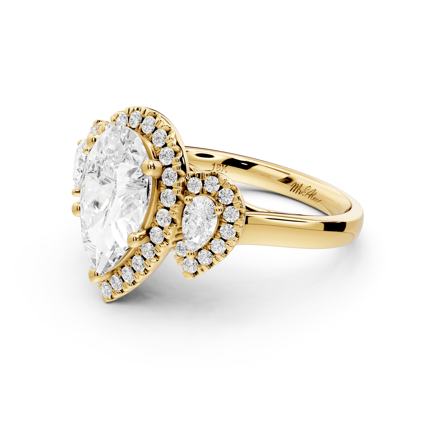 Iris - 2ct 18k yellow gold Three stone pear Halo engagement ring - Mr. Alex Jewelry