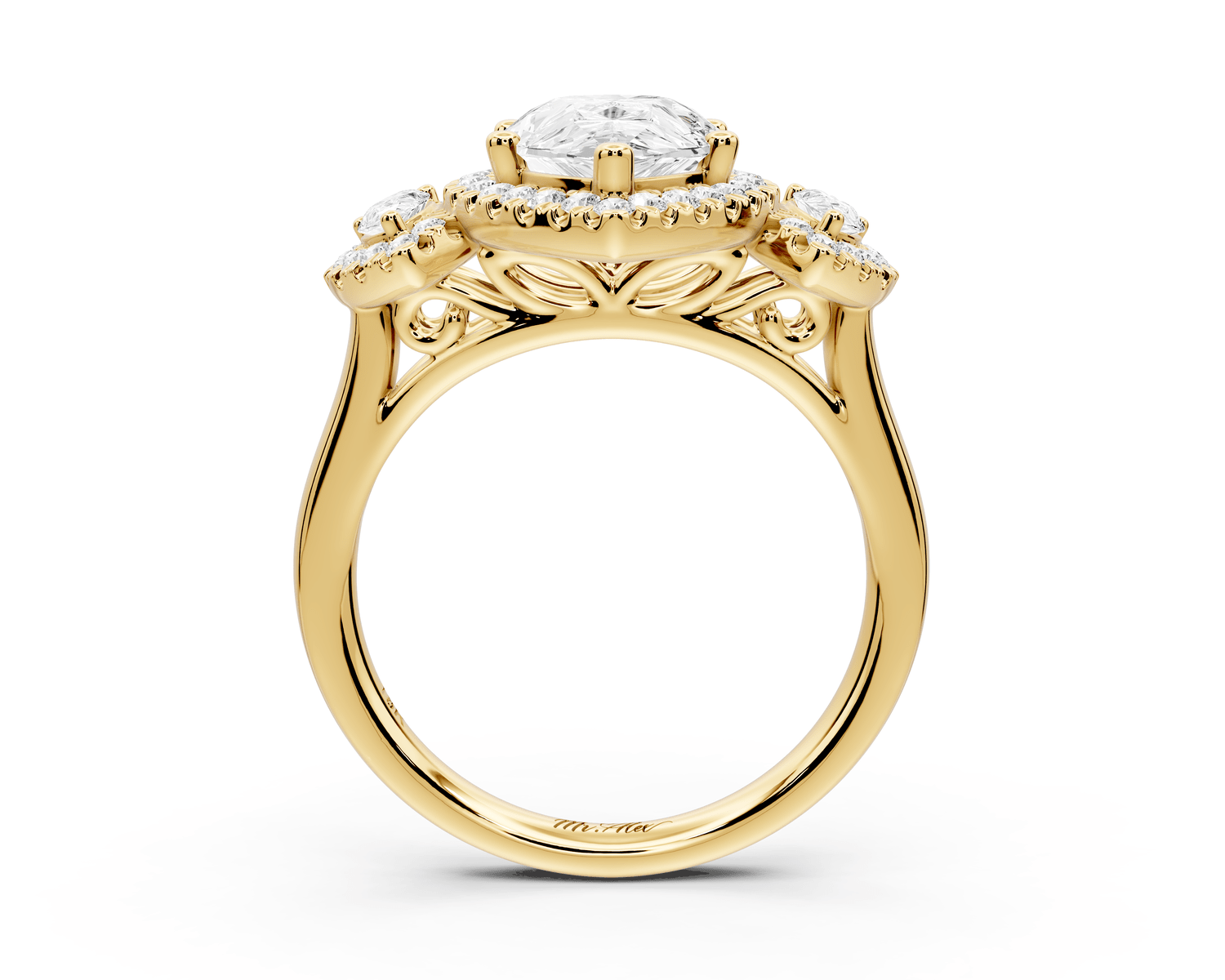 Iris - 2ct 18k yellow gold Three stone pear Halo engagement ring - Mr. Alex Jewelry