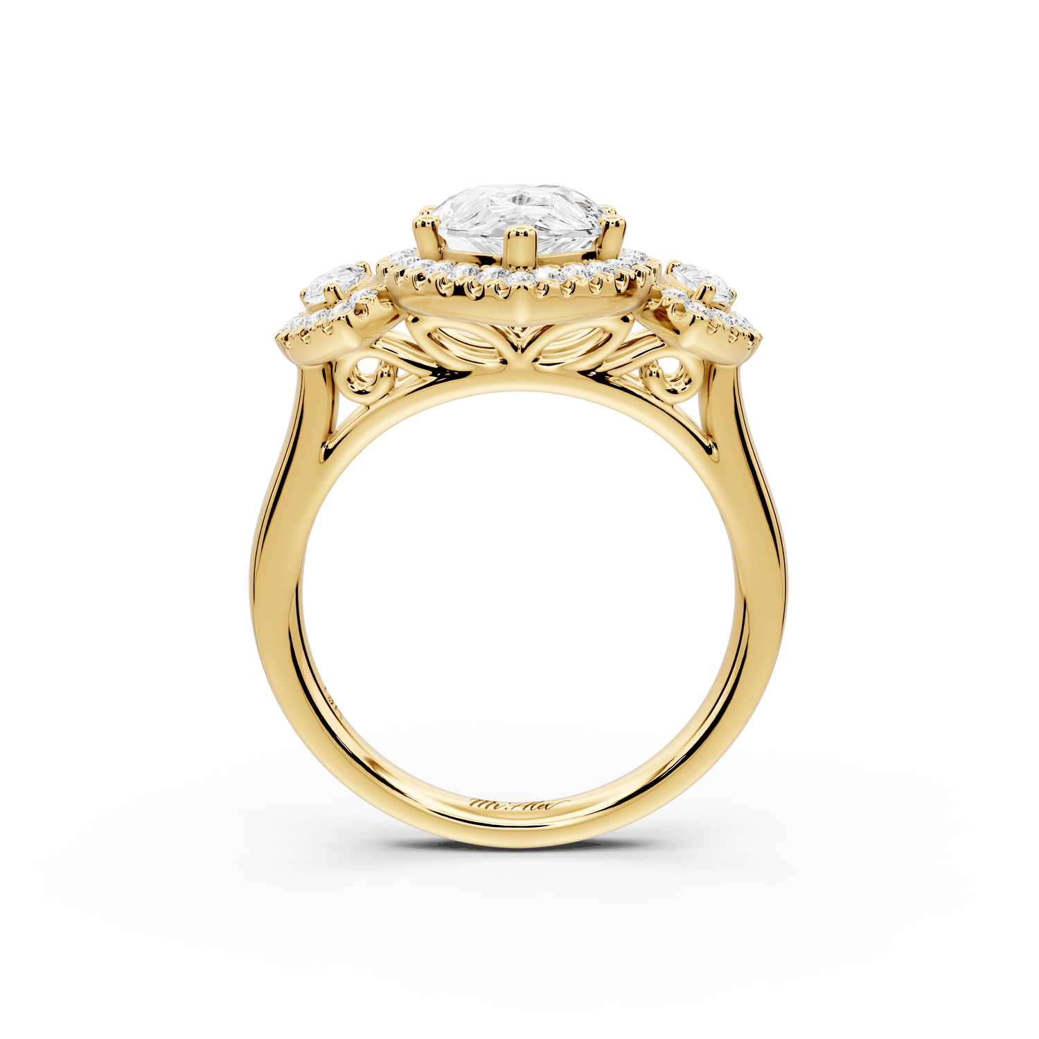 Iris - 2ct 18k yellow gold Three stone pear Halo engagement ring - Mr. Alex Jewelry