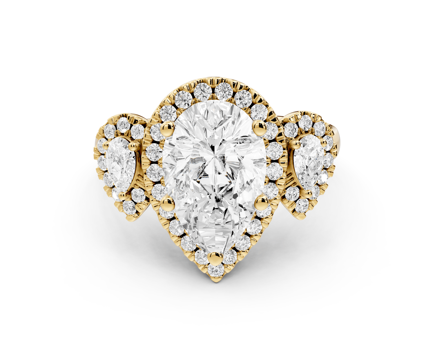 Iris - 2ct 18k yellow gold Three stone pear Halo engagement ring - Mr. Alex Jewelry
