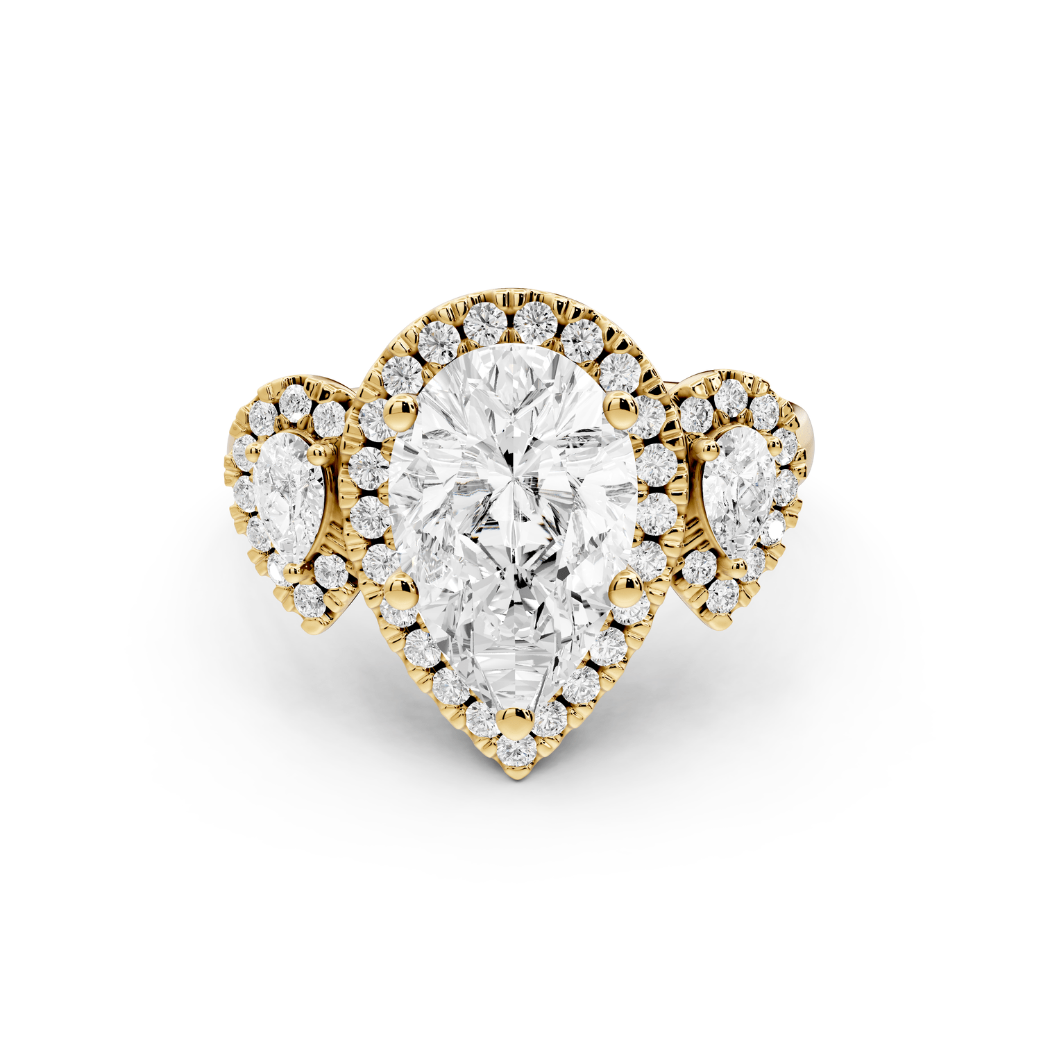 Iris - 2ct 18k yellow gold Three stone pear Halo engagement ring - Mr. Alex Jewelry