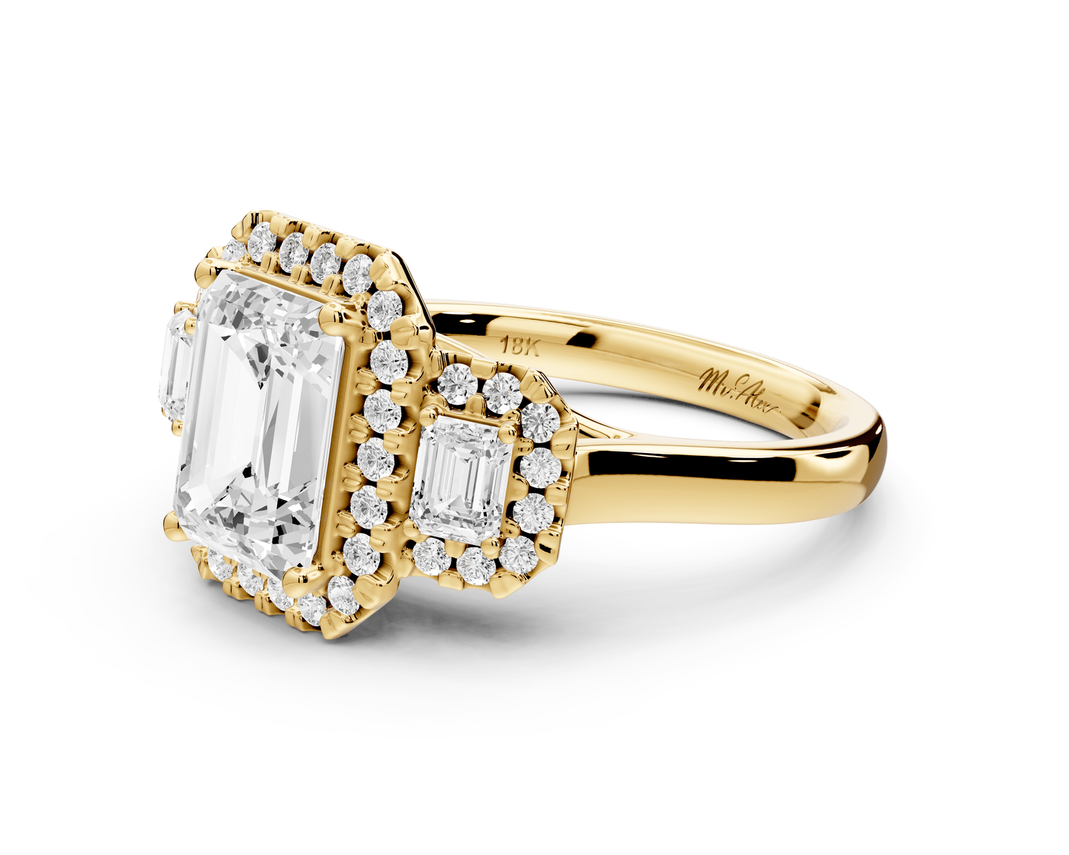 Iris - 2ct 18k yellow gold Three stone radiant Halo engagement ring - Mr. Alex Jewelry