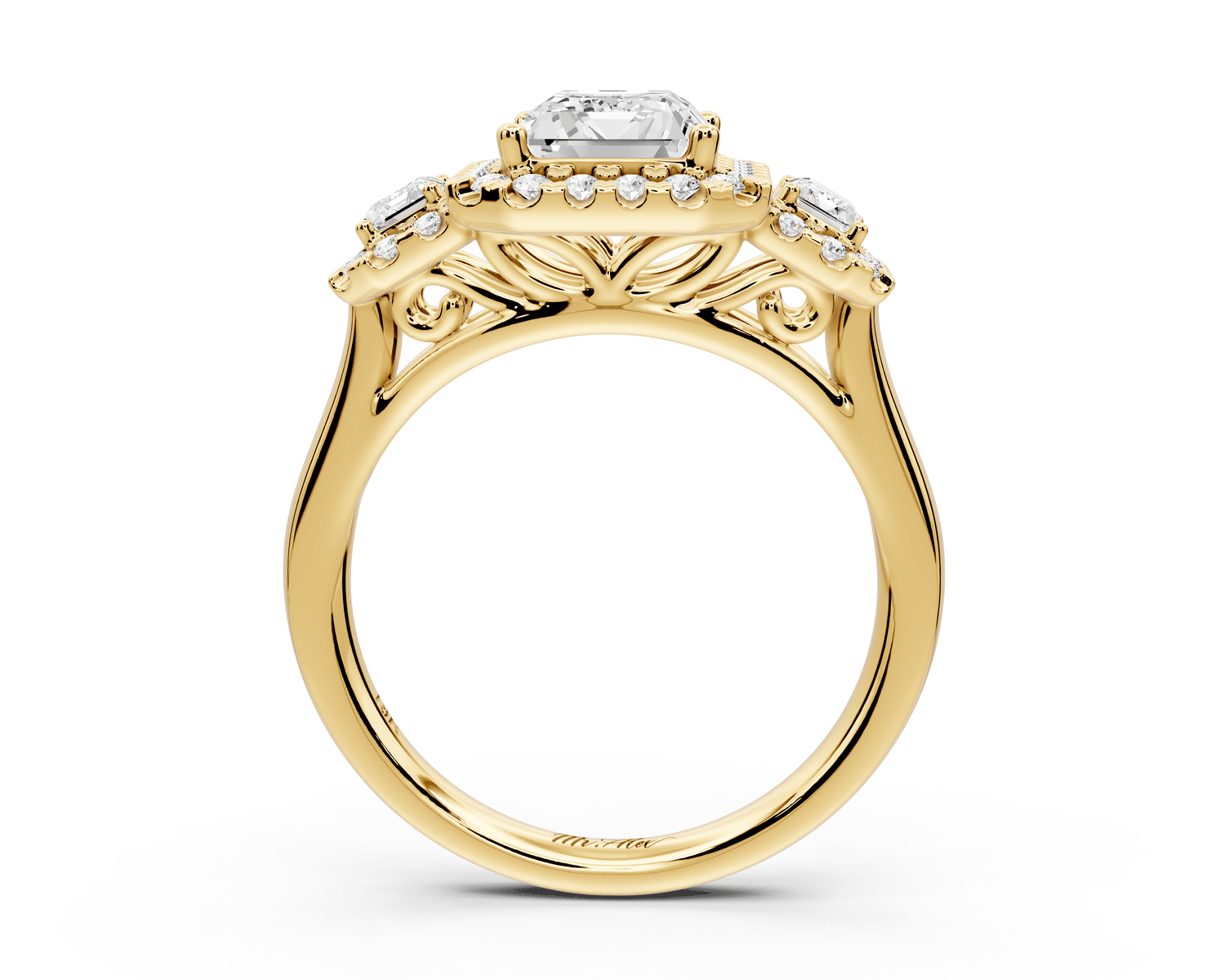Iris - 2ct 18k yellow gold Three stone radiant Halo engagement ring - Mr. Alex Jewelry