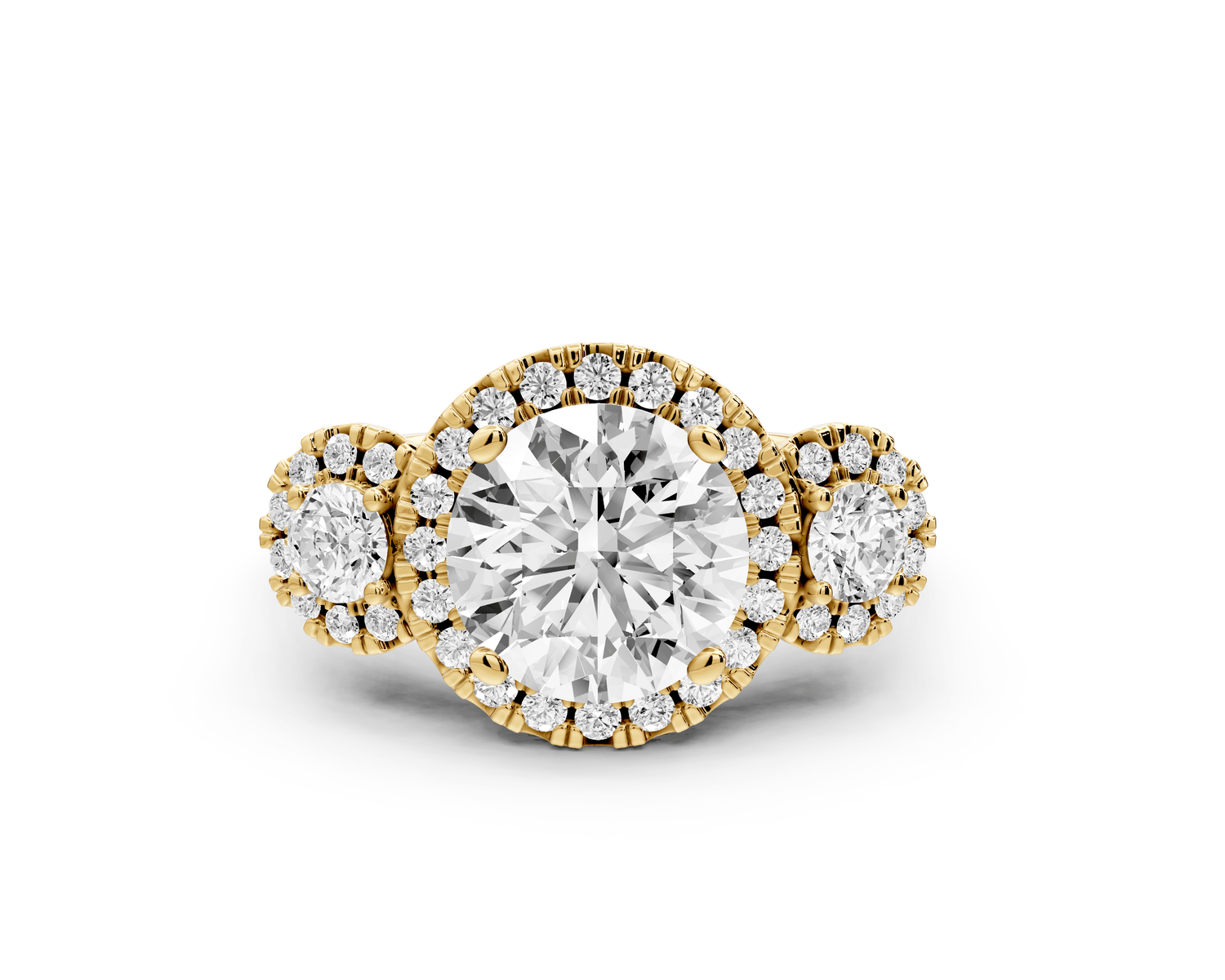 Iris - 2ct 18k yellow gold Three stone round Halo engagement ring - Mr. Alex Jewelry