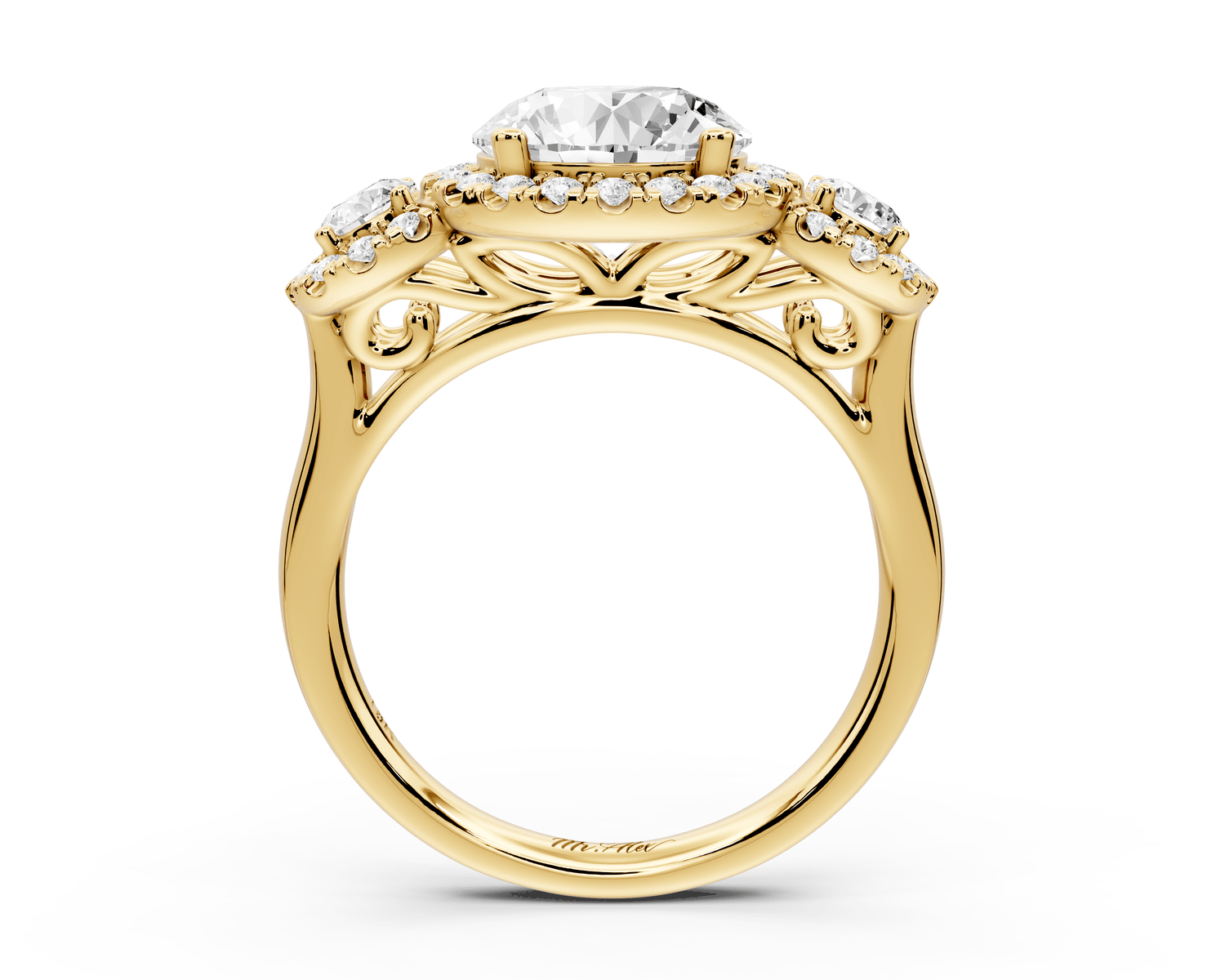 Iris - 2ct 18k yellow gold Three stone round Halo engagement ring - Mr. Alex Jewelry