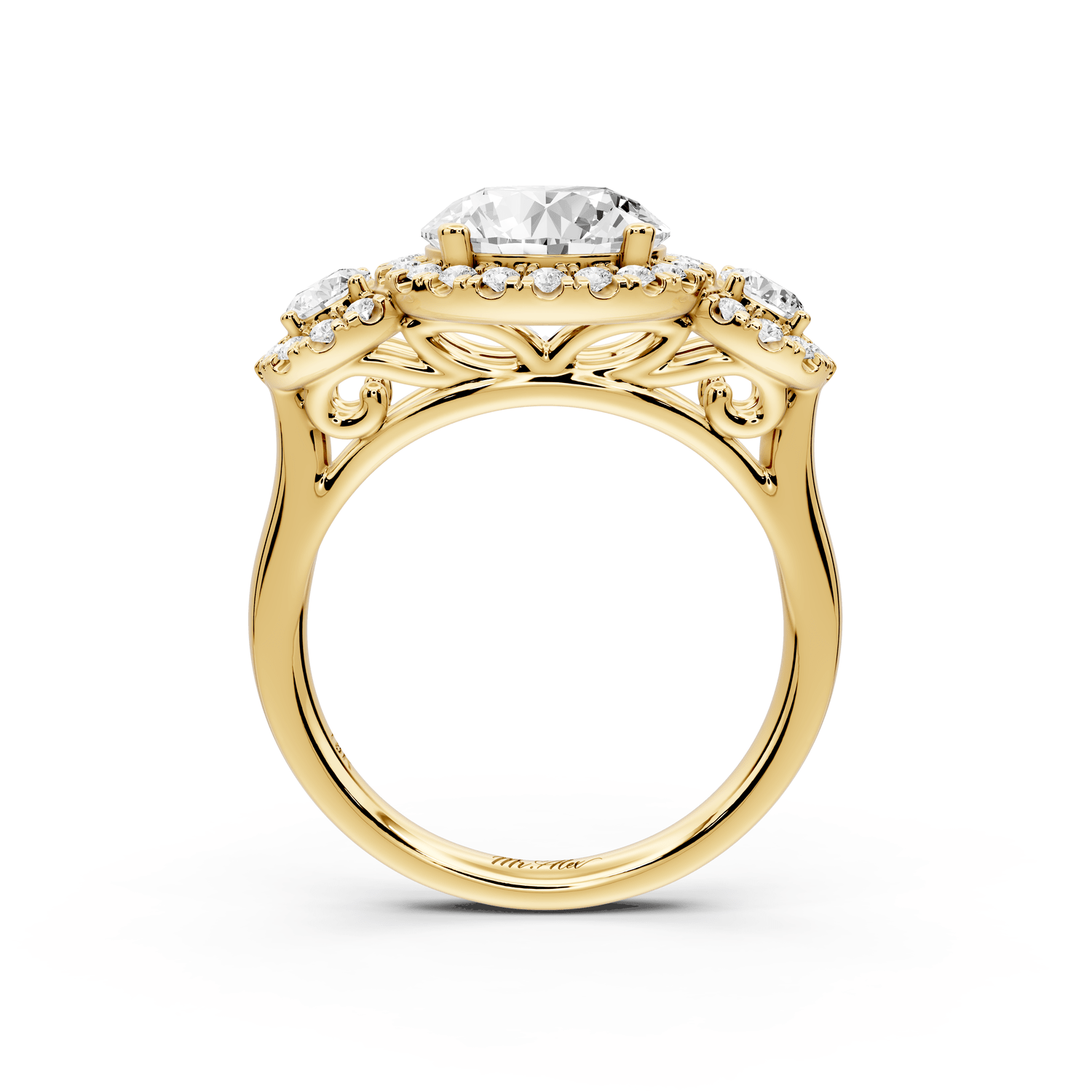 Iris - 2ct 18k yellow gold Three stone round Halo engagement ring - Mr. Alex Jewelry
