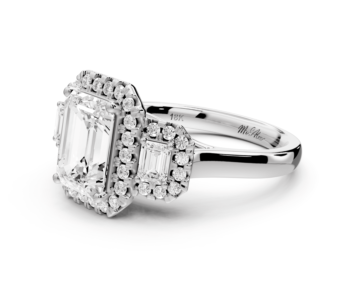 Iris - 2ct platinum Three stone emerald Halo engagement ring - Mr. Alex Jewelry