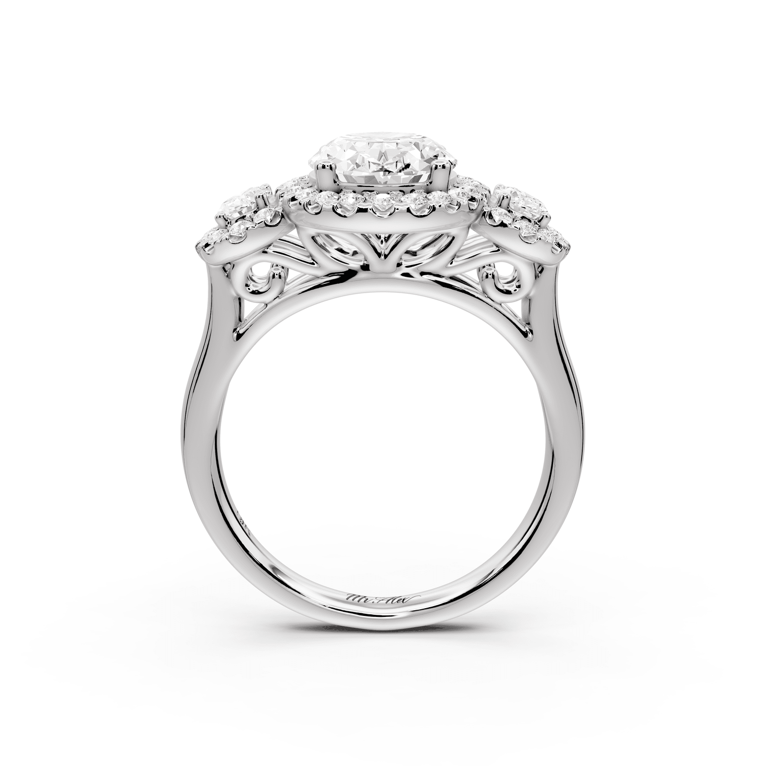 Iris - 2ct platinum Three stone oval Halo engagement ring - Mr. Alex Jewelry