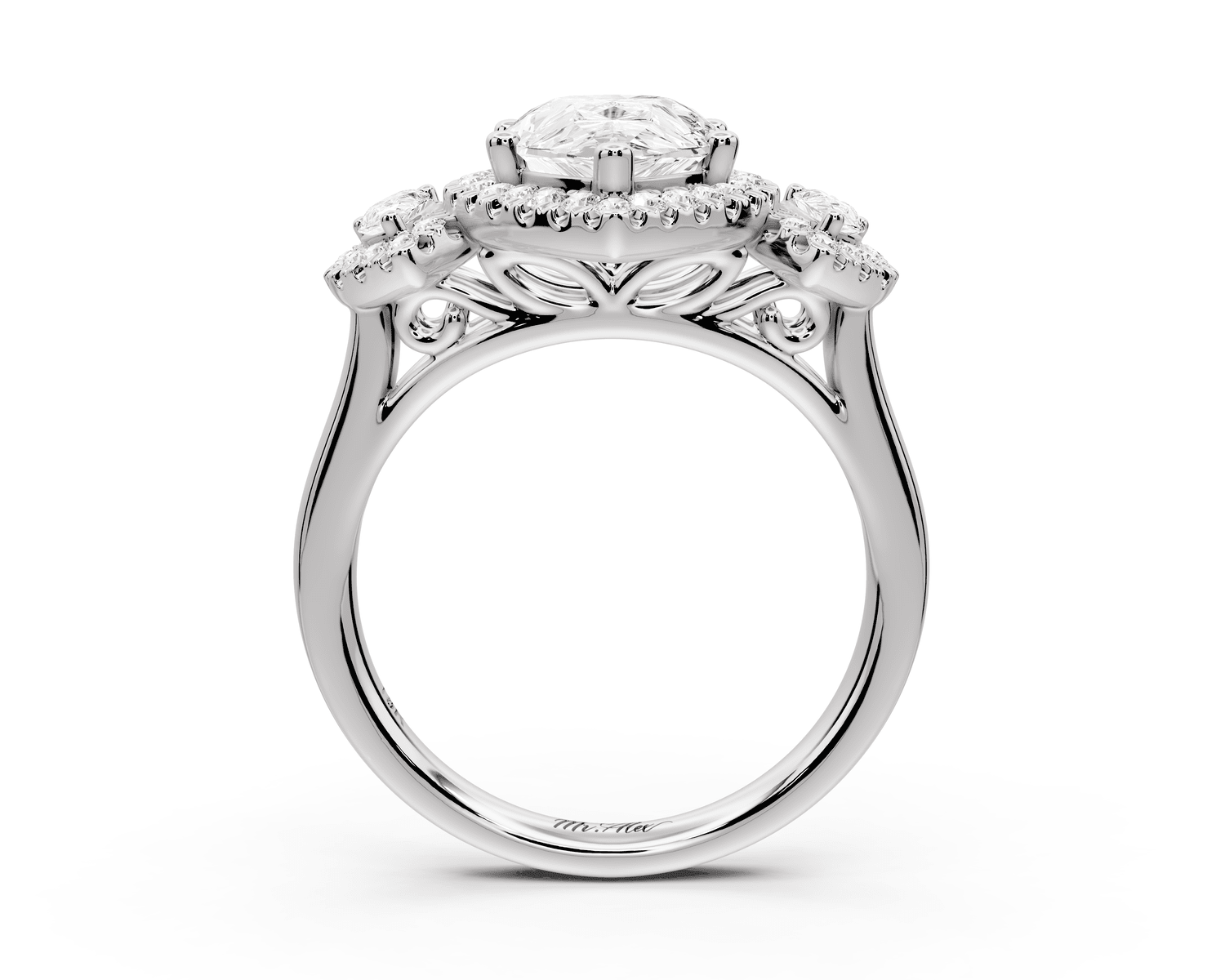 Iris - 2ct platinum Three stone pear Halo engagement ring - Mr. Alex Jewelry