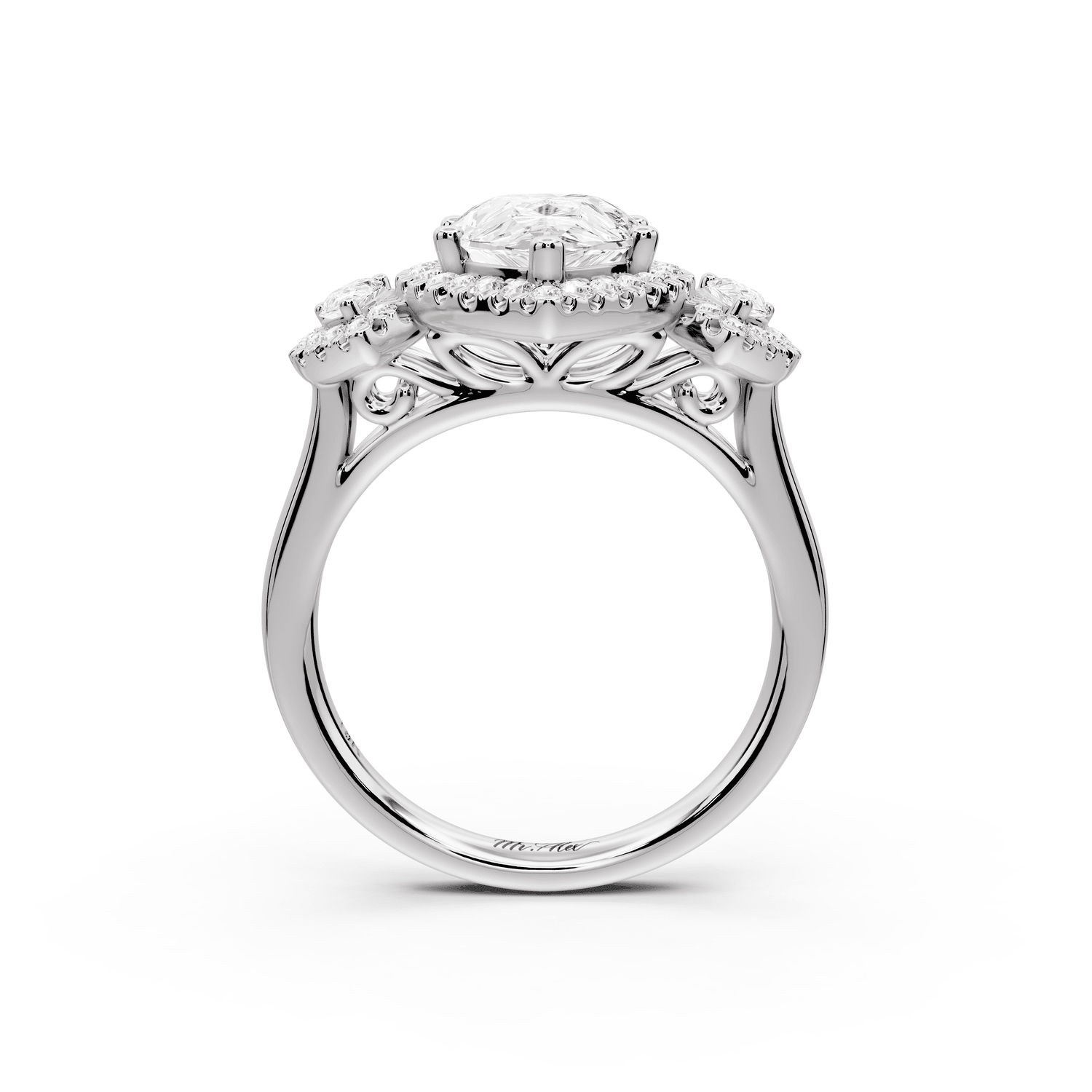 Iris - 2ct platinum Three stone pear Halo engagement ring - Mr. Alex Jewelry