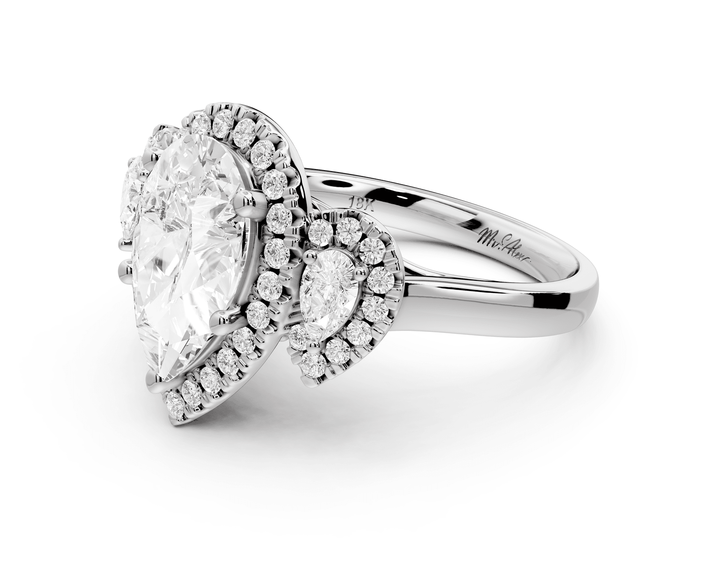 Iris - 2ct platinum Three stone pear Halo engagement ring - Mr. Alex Jewelry