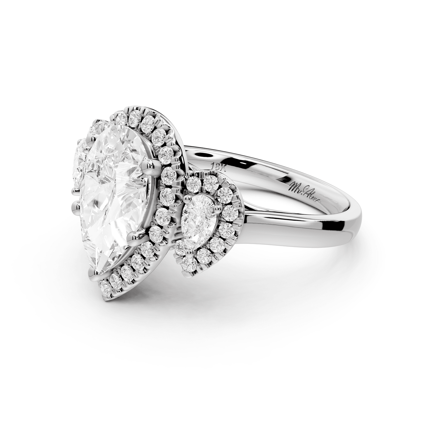 Iris - 2ct platinum Three stone pear Halo engagement ring - Mr. Alex Jewelry