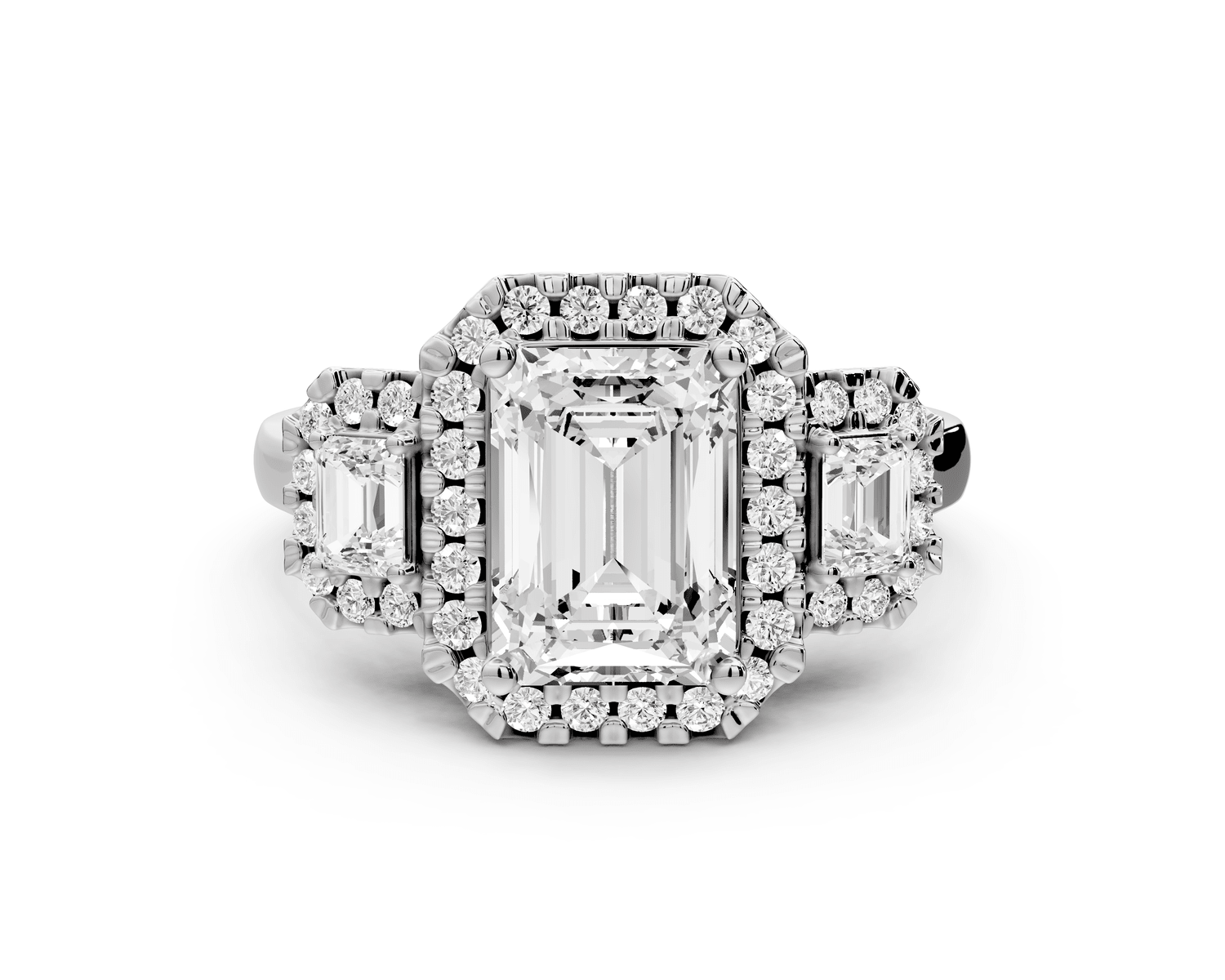 Iris - 2ct platinum Three stone radiant Halo engagement ring - Mr. Alex Jewelry