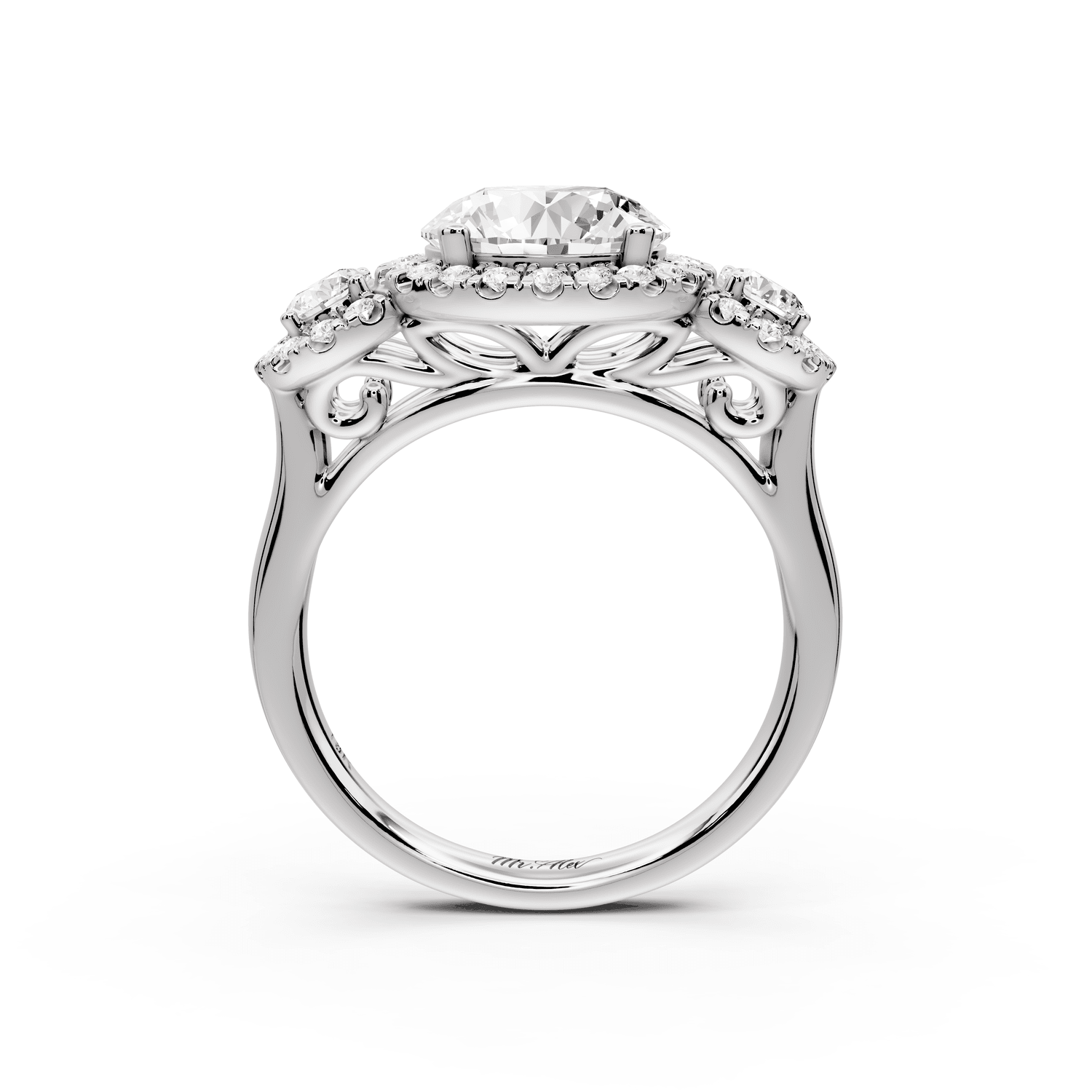 Iris - 2ct platinum Three stone round Halo engagement ring - Mr. Alex Jewelry