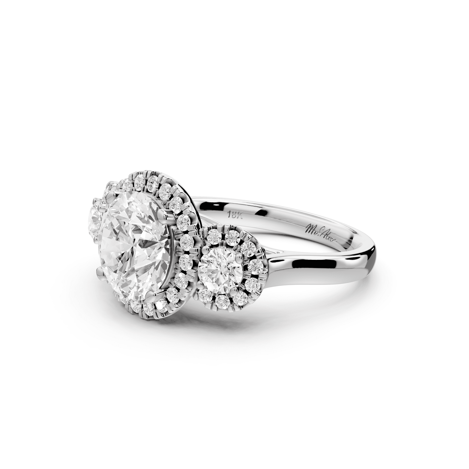 Iris - 2ct platinum Three stone round Halo engagement ring - Mr. Alex Jewelry