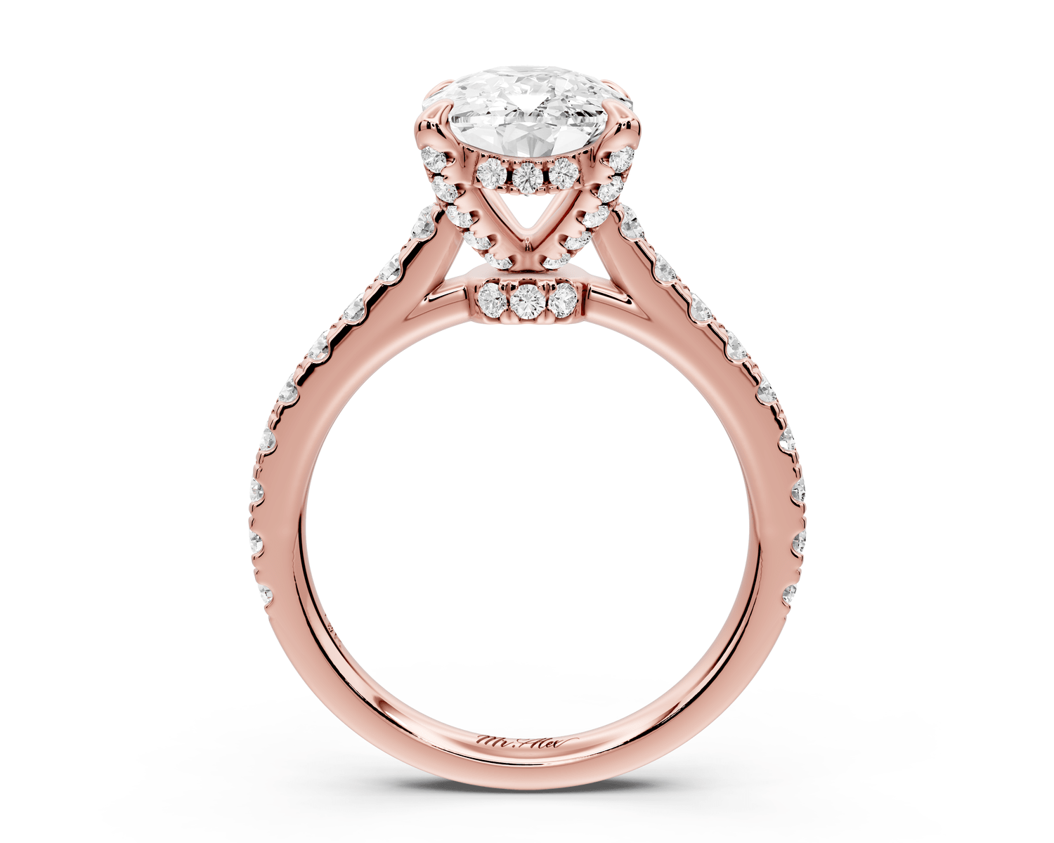 Iris - 3ct 14k rose gold Three stone Elongated Cushion Halo engagement ring - Mr. Alex Jewelry