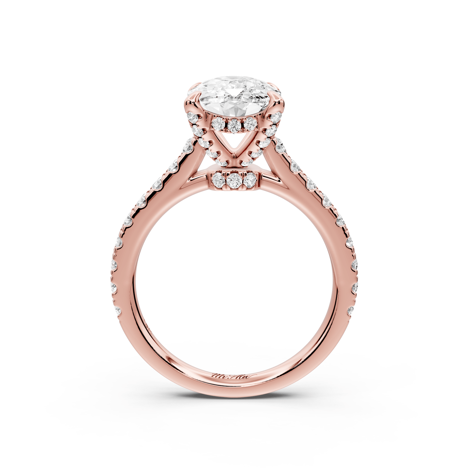 Iris - 3ct 14k rose gold Three stone Elongated Cushion Halo engagement ring - Mr. Alex Jewelry