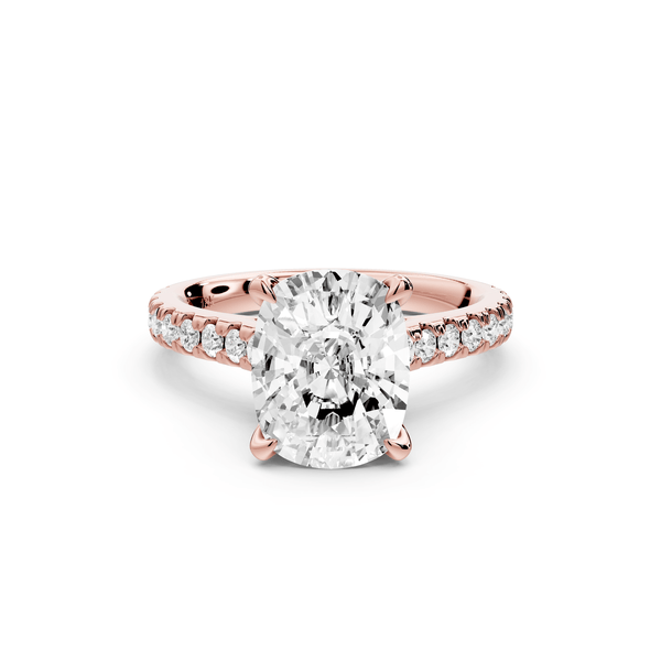 Iris - 3ct 14k rose gold Three stone Elongated Cushion Halo engagement ring - Mr. Alex Jewelry