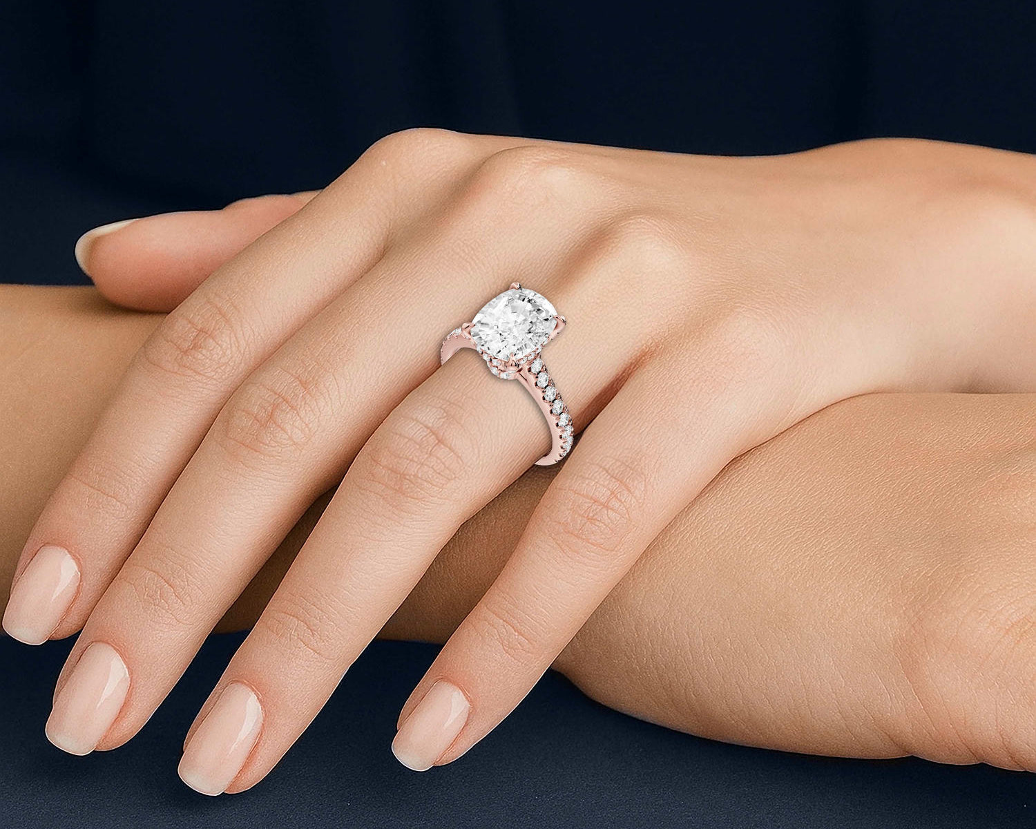 Iris - 3ct 14k rose gold Three stone Elongated Cushion Halo engagement ring - Mr. Alex Jewelry