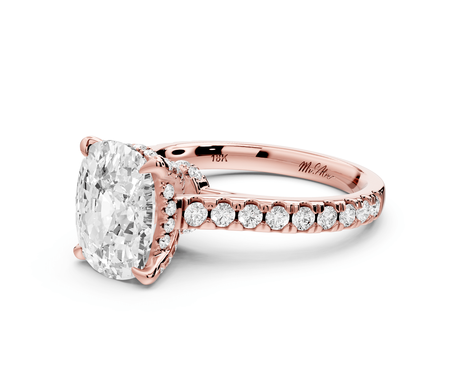 Iris - 3ct 14k rose gold Three stone Elongated Cushion Halo engagement ring - Mr. Alex Jewelry
