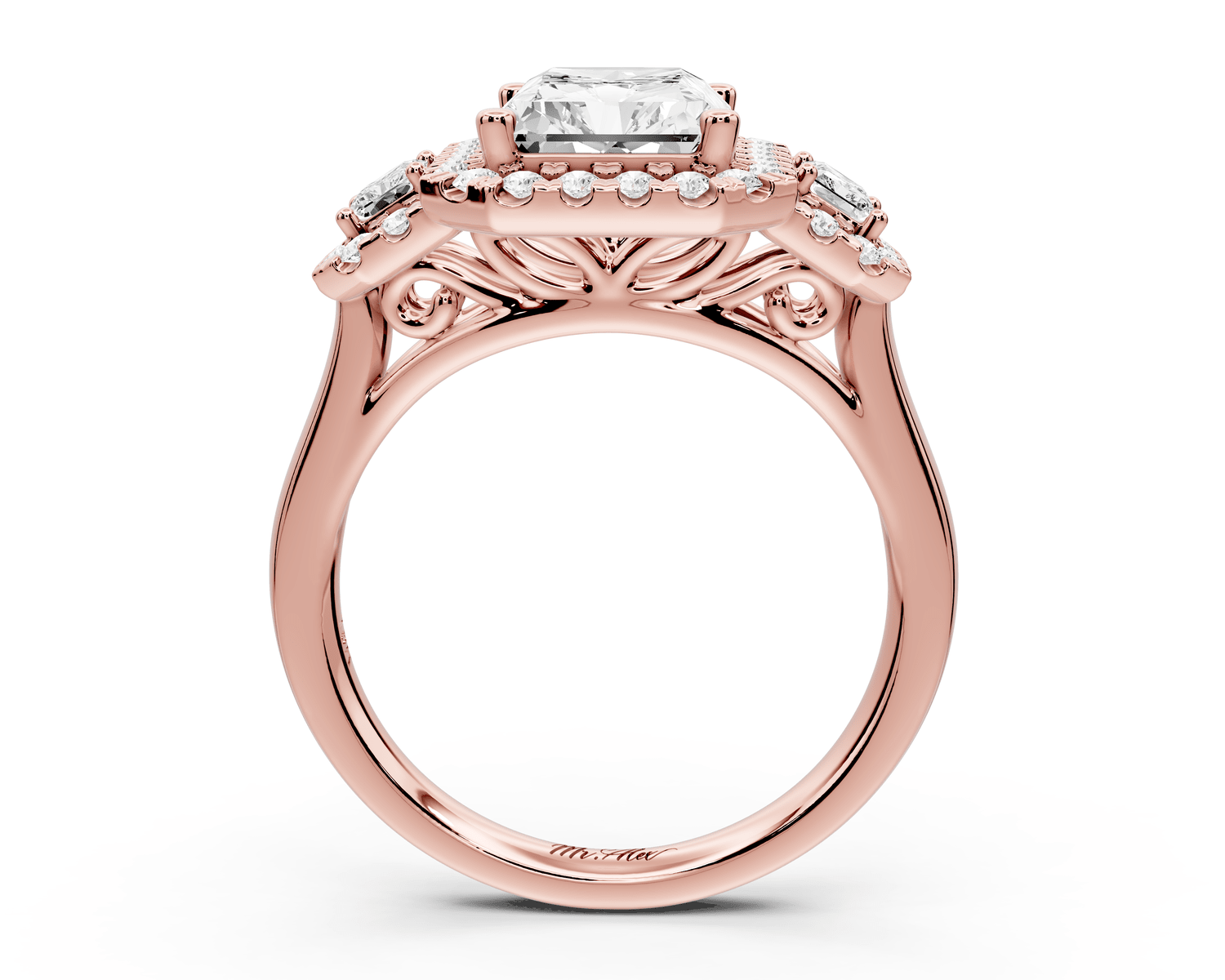 Iris - 3ct 14k rose gold Three stone radiant Halo engagement ring - Mr. Alex Jewelry