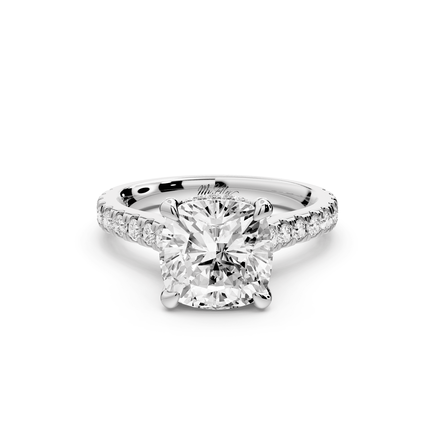 Iris - 3ct 14k white gold Three stone cushion Halo engagement ring - Mr. Alex Jewelry