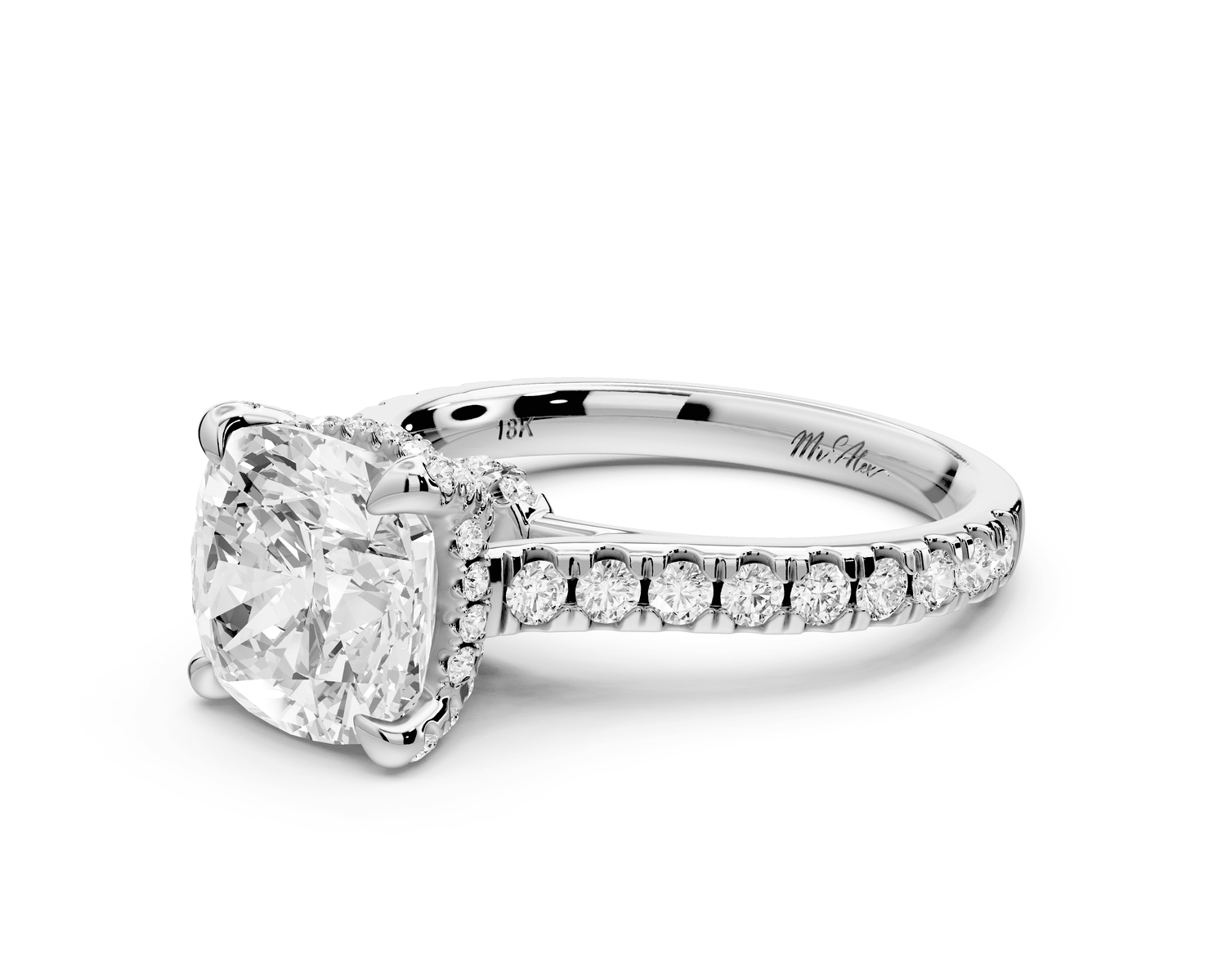 Iris - 3ct 14k white gold Three stone cushion Halo engagement ring - Mr. Alex Jewelry