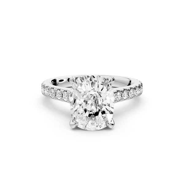 Iris - 3ct 14k white gold Three stone Elongated Cushion Halo engagement ring - Mr. Alex Jewelry