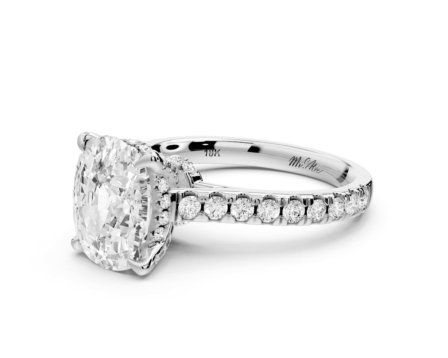 Iris - 3ct 14k white gold Three stone Elongated Cushion Halo engagement ring - Mr. Alex Jewelry