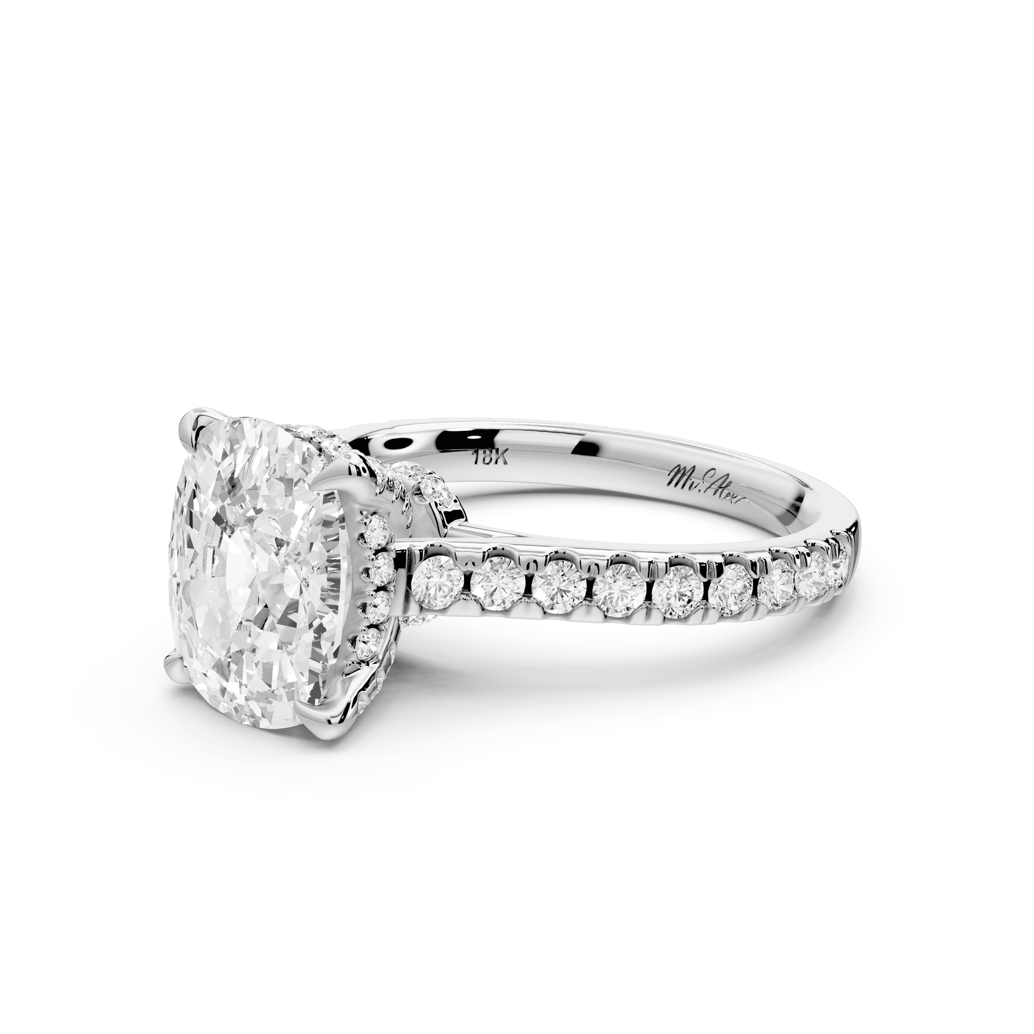 Iris - 3ct 14k white gold Three stone Elongated Cushion Halo engagement ring - Mr. Alex Jewelry